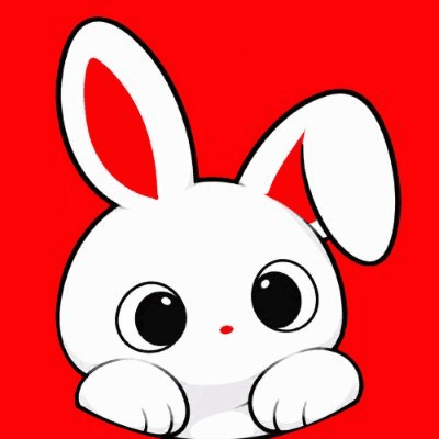 Original white rabbit with one floppy ear and paws on a solid red square